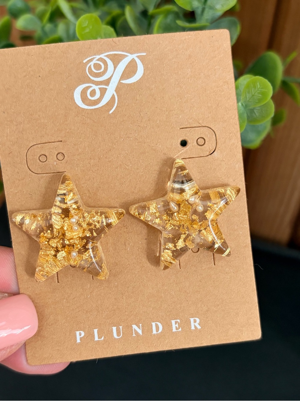 Plunder Gold Star Resin Stud Earrings with Glitter Flakes